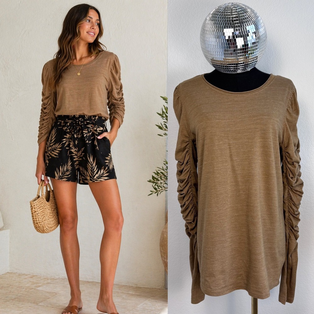 Free People Natasha Ruffle Sleeve Tee, Ochre Brown Ruched, Size Medium Boho